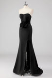 Strapless Bow Satin Mermaid Black Tie Dress with Slit