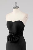 Strapless Bow Satin Mermaid Black Tie Dress with Slit