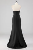 Duchess Satin Mermaid Bow Strapless Black Formal Dress with Slit