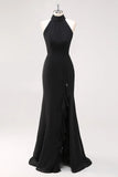 Halter Ruffle Mermaid Black Tie Dress with Slit