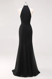 Halter Ruffle Mermaid Black Tie Dress with Slit
