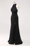 Halter Ruffle Mermaid Black Tie Dress with Slit