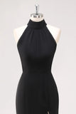Halter Ruffle Mermaid Black Tie Dress with Slit