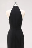 Halter Ruffle Mermaid Black Tie Dress with Slit
