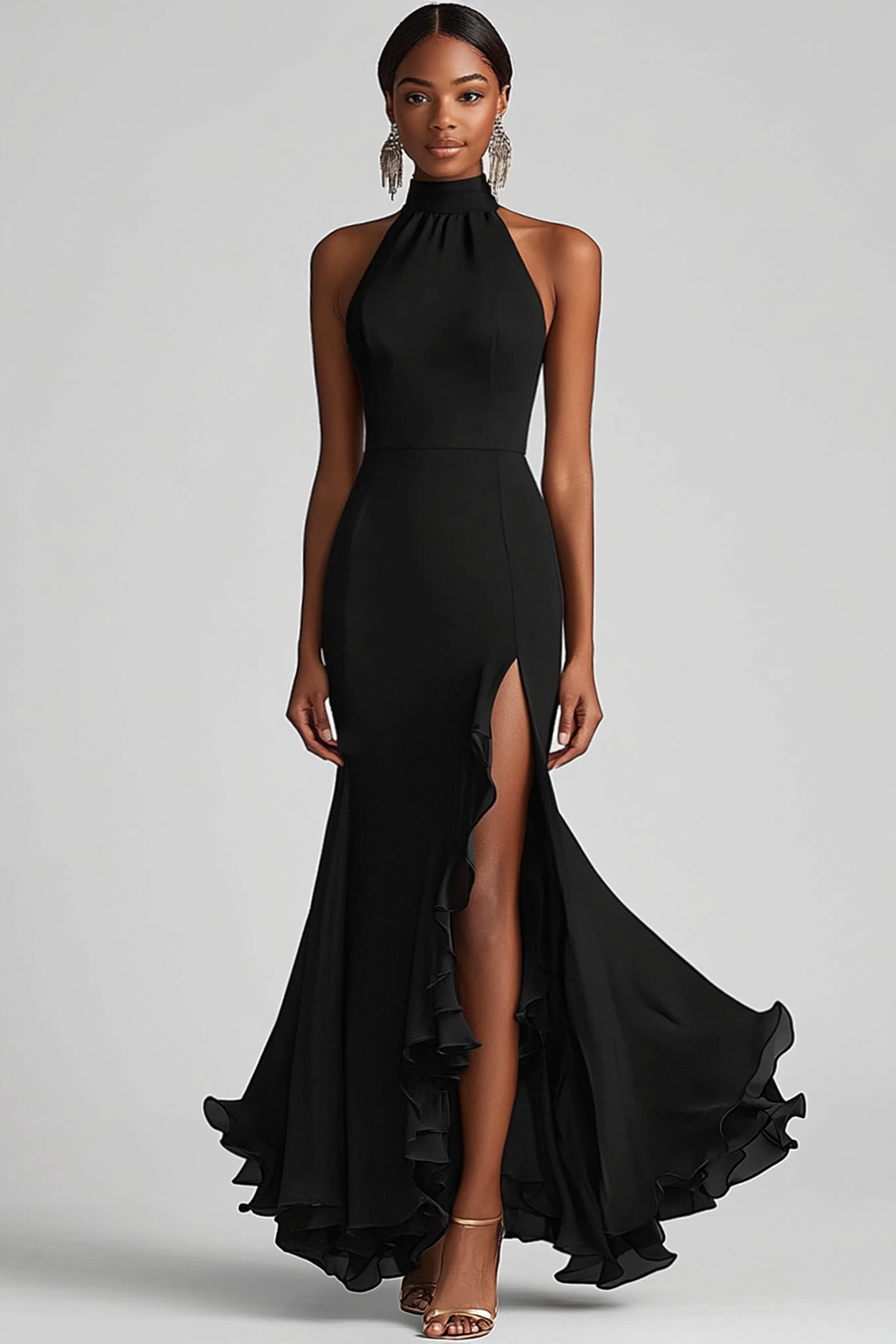 berylove gowns & formal dresses Berylove Women Gold Formal Dress With Slit Satin Halter Sheath Long Prom Dress With Sash