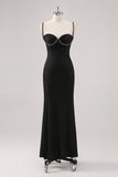 Spaghetti Straps Sheath Long Black Tie Dress
