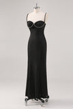 Spaghetti Straps Sheath Long Black Tie Dress