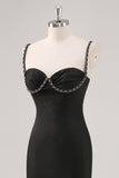 Spaghetti Straps Sheath Long Black Tie Dress
