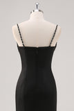 Spaghetti Straps Sheath Long Black Tie Dress