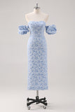 Off The Shoulder Blue Floral Prom Dress With Puff Sleeves