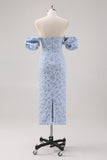 Off The Shoulder Blue Floral Prom Dress With Puff Sleeves