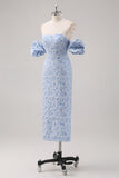 Off The Shoulder Blue Floral Prom Dress With Puff Sleeves