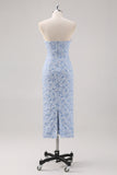 Off The Shoulder Blue Floral Prom Dress With Puff Sleeves