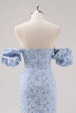 Off The Shoulder Blue Floral Prom Dress With Puff Sleeves