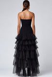 Black Strapless Tiered Ruffled Formal Dress with Slit