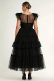 Black A Line Plus Size Tulle Formal Dress with Ruffles