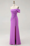 One Shoulder Purple Ruched Sheath Long Formal Dress with Slit