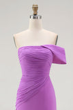 One Shoulder Purple Ruched Sheath Long Formal Dress with Slit