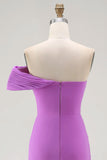 One Shoulder Purple Ruched Sheath Long Formal Dress with Slit