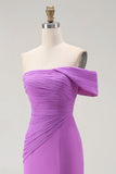 One Shoulder Purple Ruched Sheath Long Formal Dress with Slit