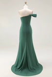 One Shoulder Sheath Pleated Dark Green Long Formal Dress