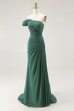 One Shoulder Sheath Pleated Dark Green Long Formal Dress