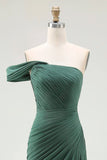 One Shoulder Sheath Pleated Dark Green Long Formal Dress