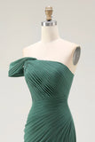 One Shoulder Sheath Pleated Dark Green Long Formal Dress