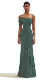 Dark Green One Shoulder Sheath Pleated Long Formal Dress