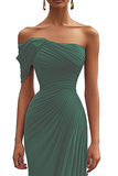 Dark Green One Shoulder Sheath Pleated Long Formal Dress