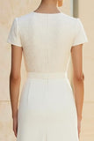 White Jacquard Round Neck Midi Formal Dress with Short Sleeves