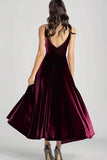 Velvet Beaded V Neck Tea-Length Burgundy Formal Dress
