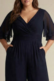 Navy Short Sleeve Plus Size Mother of the Bride Jumpsuit
