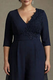 Navy A Line Plus Size Appliqued Mother of the Bride Dress