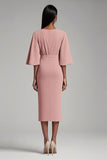 Chiffon Sheath V Neck Pink Midi Mother of the Bride Dress with Bell Sleeves