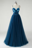 Dark Blue Mirror Corset A Line Tulle Prom Dress