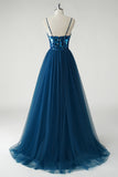 Dark Blue Mirror Corset A Line Tulle Prom Dress