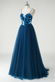 Dark Blue Mirror Corset A Line Tulle Prom Dress