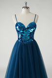 Dark Blue Mirror Corset A Line Tulle Prom Dress