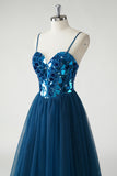 Dark Blue Mirror Corset A Line Tulle Prom Dress