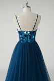 Dark Blue Mirror Corset A Line Tulle Prom Dress