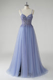 Beaded Tulle A Line Grey Blue Prom Dress with Slit