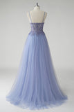 Beaded Tulle A Line Grey Blue Prom Dress with Slit