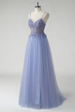 Beaded Tulle A Line Grey Blue Prom Dress with Slit