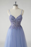 Beaded Tulle A Line Grey Blue Prom Dress with Slit