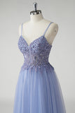 Beaded Tulle A Line Grey Blue Prom Dress with Slit
