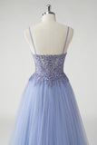 Beaded Tulle A Line Grey Blue Prom Dress with Slit