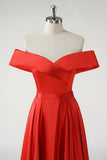 Off the Shoulder A Line Pleated Red Prom Dress with Slit