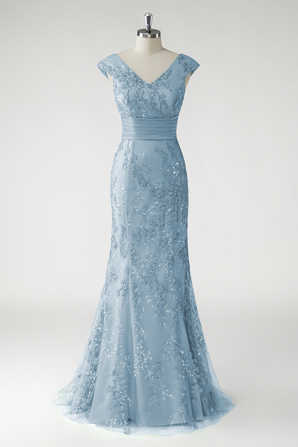 Berylove Women Mermaid Green Mother of the Bride Dress Sequined Applique V Neck Maxi Wedding Guest Dress, Light Blue / US4 Berylove Women Mermaid Green Mother of the Bride Dress Sequined Applique V Neck Maxi Wedding Guest Dress, Light Blue / US4
