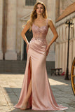 Mermaid Ruched Corset Satin Blush Prom Dress with Appliques